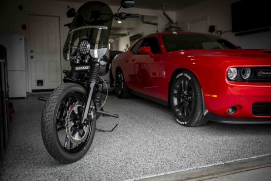 Motorcycle and Challenger on Garage Floor Epoxy